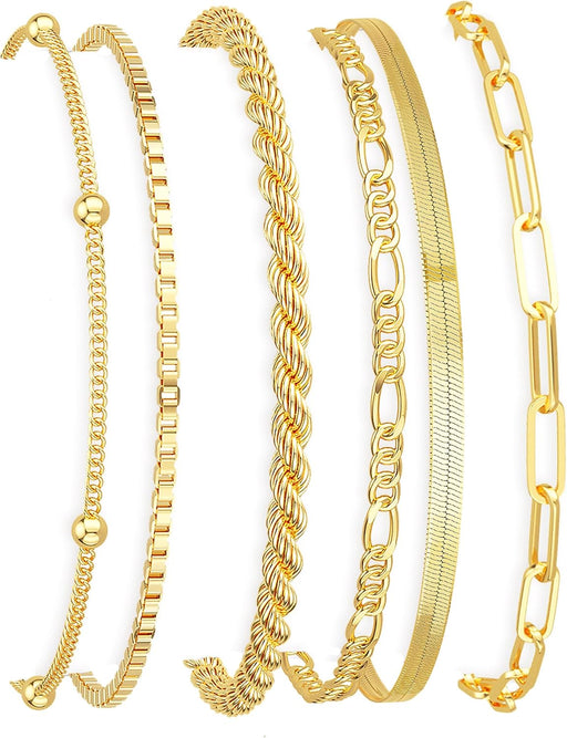 Gold Bracelets for Women Waterproof, 14K Gold Plated Minimalist Bracelets Stack Non Tarnish Trendy Dainty Herringbone Vintage Cuban Paperclip Rope Thin Box Link Chain Stackable Jewelry Sets Modern Fashion Accessories Gifts for Womens