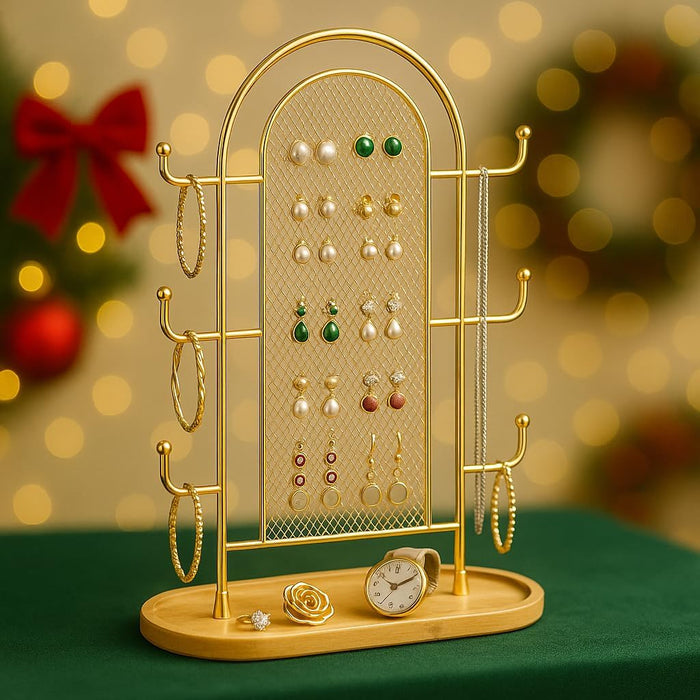 Jewelry Holder Organizer Earring Display - Earring Storage Tree Stands Towers With 6 Hooks 300 Studs Wood Tray Gold Metal Rack