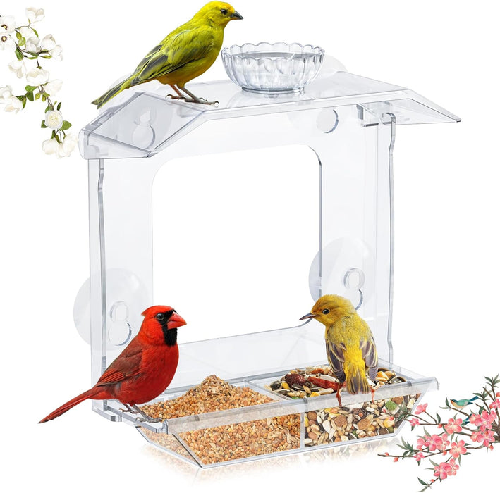 Clear Window Bird Feeder with Strong Suction Cups – Clear Bird Feeding Station with Dual Seed Tray & Water Bowl – Easy t