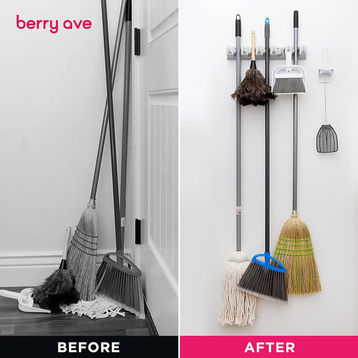 Broom Holder Wall Mount, Mop and Broom Organizer – Wall Mounted Broom Rack & Mop Rack, Rack for Brooms and Mops | Broom Hanger Wall Mount with 5 Slots & 6 Hooks, Kitchen Garage Laundry Garden (White)