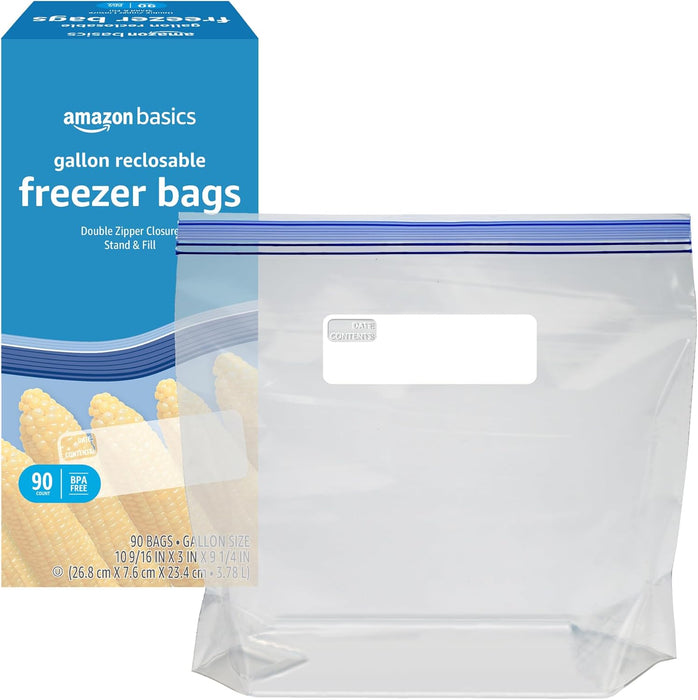 Reclosable Freezer Gallon Size Bags with Double Zipper Seal, Stand-Up Bottom, BPA Free, 90 Count (Previously Solimo)