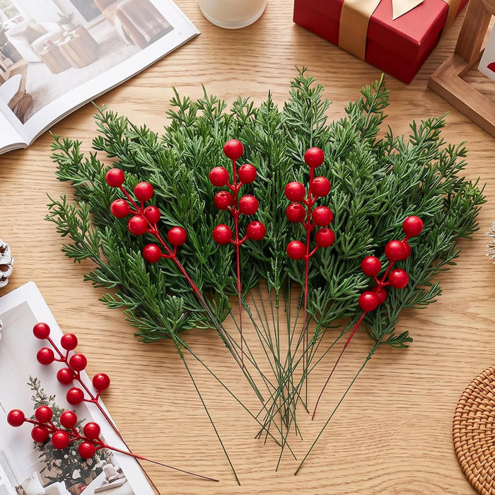 30Pcs Christmas Artificial Pine Branches with Red Berry Stems