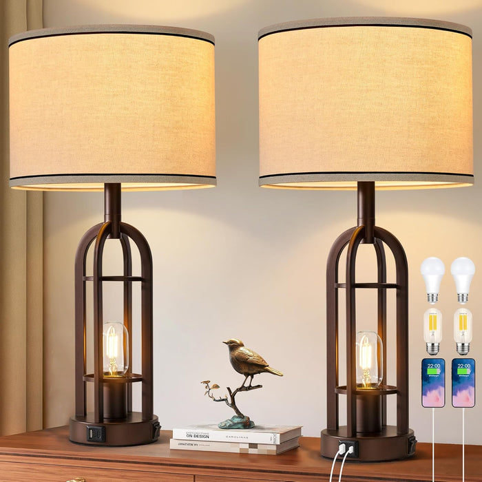 24" Farmhouse Table Lamps for Living Room Bedroom Set of 2, USB A+C