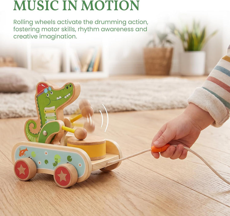 Wooden Push Toys for Toddlers 1-3, Crocodile Beating Drum Walking Pull Toy