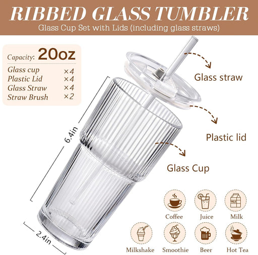20oz Ribbed Iced Coffee Cups with Lids,4 Pcs Vintage Glass Cups Tumblers