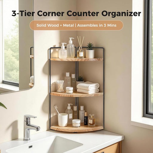 3 Tier Corner Bathroom Counter Organizer – Solid Wood + Metal Stand, Bathroom Countertop Organizer for Skincare, Makeup 