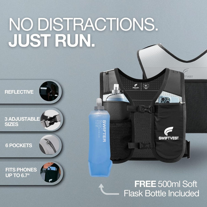 Running Phone Holder Vest with 500ml/17oz Water Bottle | Reflective Hydration Vest | Adjustable | Light | 6 Pockets for 