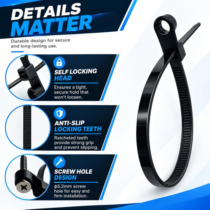 200 Pack 6 Inch Plastic Zip Ties with Screw Holes