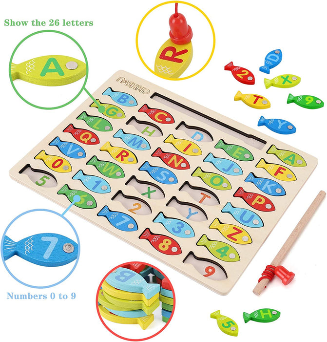 Magnetic Wooden Fishing Game Toy for Preschoolers, Alphabet Fish Catching Counting Games Puzzle with Numbers and Letters