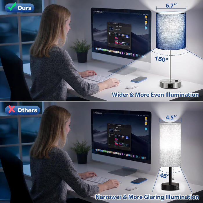 Touch Lamps for Bedroom Set of 2 - Dimmable, USB C+A, AC Outlet