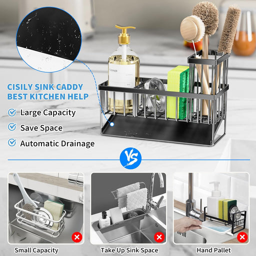 Sink Caddy, Sponge Holder for Kitchen Sink, Kitchen Sink Organzier with High Brush Holder, Rustproof Stainless Kitchen Gadgets Sink Accessories, Organizadores De Cocina, Patent 1038566S