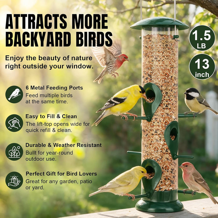 Metal Tube Bird Feeders for Outdoors Hanging, 13’’ 6 Ports