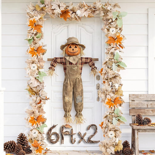Neutral Fall Garland for Mantle Fireplace - 2 Pack 6Ft Outdoor Autumn Leaves Decor for Home Front Door with Pumpkins Ind