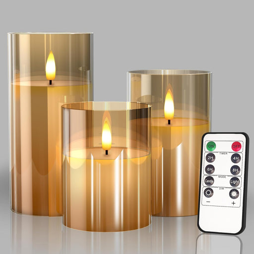 Glass Battery Operated LED Flameless Candles with Remote and Timer, Real Wax Candles Warm Color Flickering Light for Fes