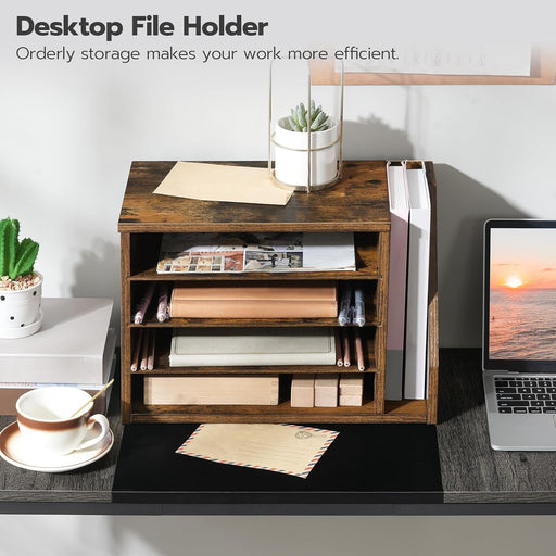 Mail Sorter, Literature Organizer with Adjustable Shelves, Paper Organizer for Office, Home, Wood Countertop File Holders, Mails, Magazines, Rustic Brown FG41WF01