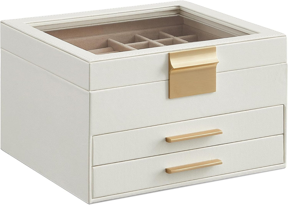 Jewelry Box Organizer, 3-Layer Storage with 2 Drawers, Glass Lid