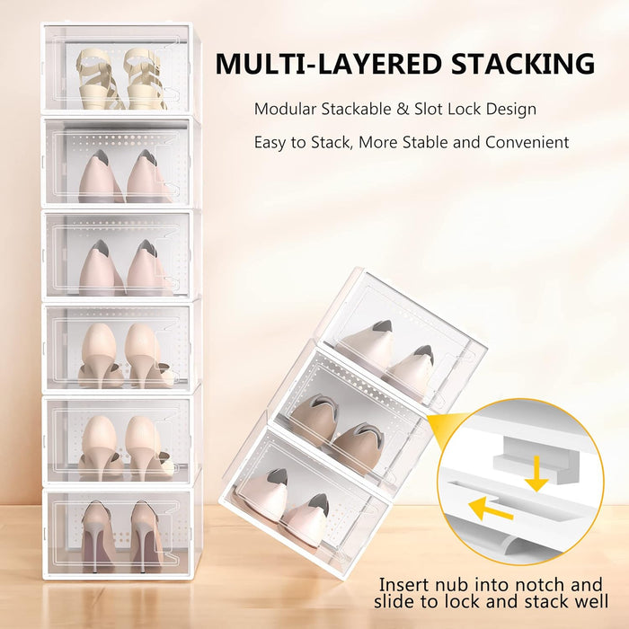 12 Pack Large Stackable Clear Plastic Shoe Storage Boxes Organizer, White