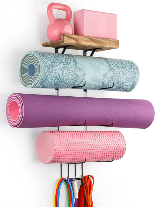 Yoga Mat Holder Accessories Wall Mount Organizer Storage Decor Foam Roller and Towel Storage Rack with 4 Hooks and Woode