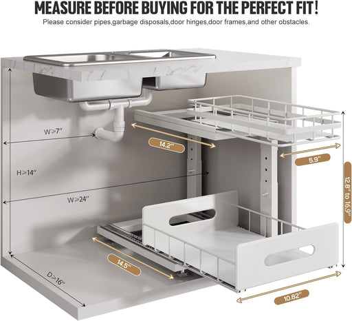 Under Sink Organizer Upgrade To Professional Rails,2-Tier Dual Pull Out Cabinet Storage,Height Adjustable Slide Out Draw