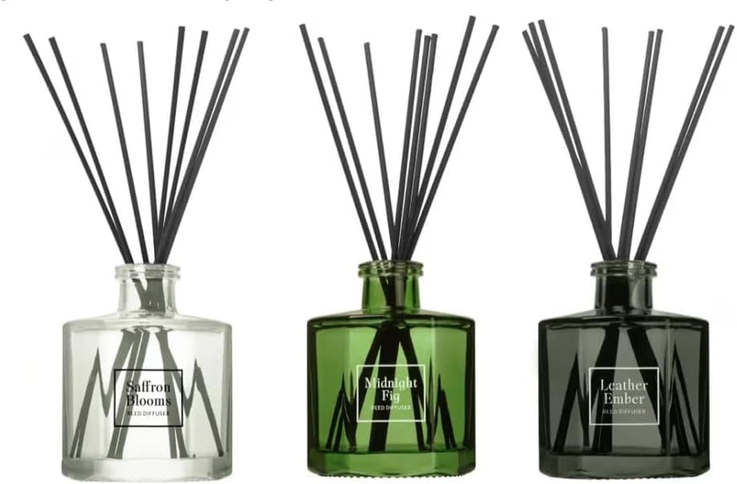 Bellevue Reed Diffuser Set, Three 6 fl oz Glass Filled Diffuser, Highly Concentrated Fragrances with Essential Oils, Home Fragrance (Leather Ember, Midnight Fig, Saffron Blooms)
