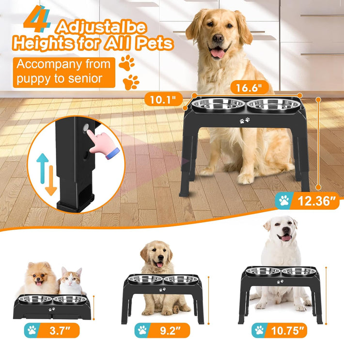 Elevated Dog Bowls, 4 Height Adjustable Raised Bowl Stand with 2 Thick 50oz Stainless Steel Food Bowls Non-Slip Feeder A