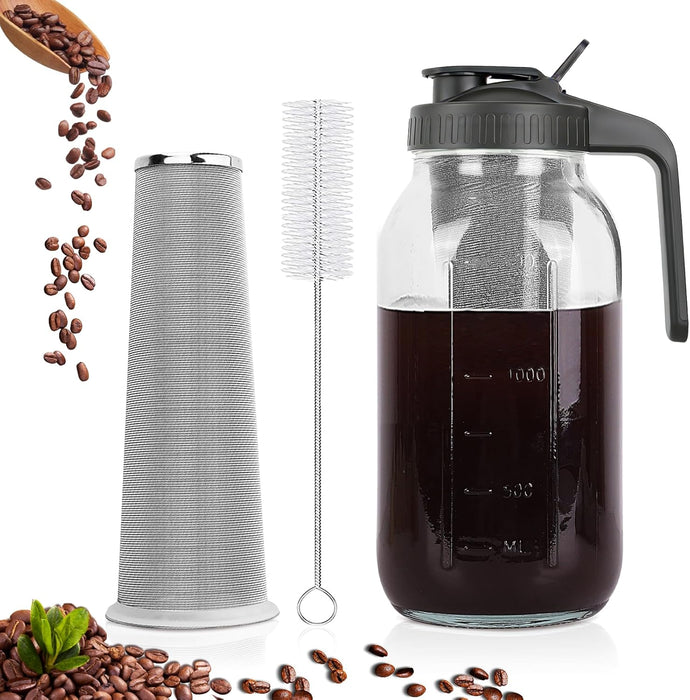 Cold Brew Coffee Maker, 64 oz Mason Jar Pitcher with Stainless Steel Filter, Pour Spout Handle Lid, Airtight & Leak-Proo