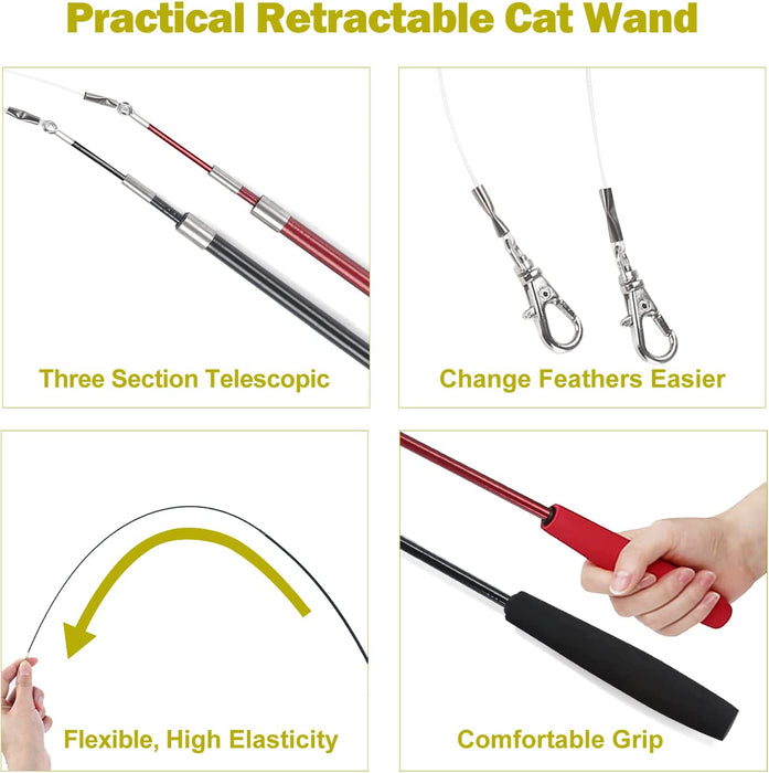Cat Toys for Indoor Cats, Interactive Cat Toy 2PCS Retractable Wand Toy and 9PCS Cat Feather Toys Refills, Funny Kitten 