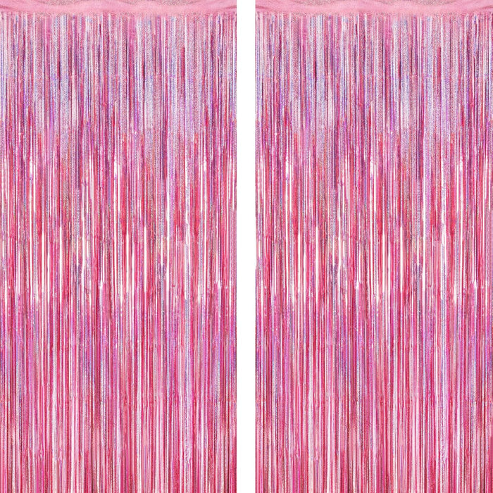 2 Pack Glitter Pink Backdrop, 3.28 FT x 7.05 FT Birthday Party Decorations, Laser Pink Fringe Curtains Foil Streamer Tinsel, Pink Curtains Photo Backdrop Happy Birthday Valentines Day Backdrop
