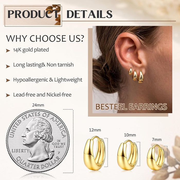 3 Pairs 14K Gold Hoop Earrings Set for Women Small Chunky Huggie
