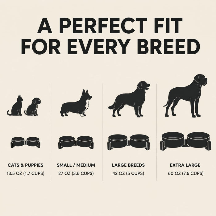 Ceramic Dog and Cat Bowl Set with Wooden Stand, Modern Cute Weighted Food Water Set for Small Size Dogs (13.5OZ) & Medium Sized Dogs (28.7OZ) & Cats (1.7 Cups, 2 × Black)
