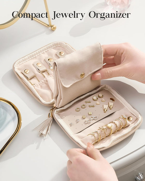Travel Jewelry Case Organizer, Small Soft Jewellery Pouch -Oatmeal
