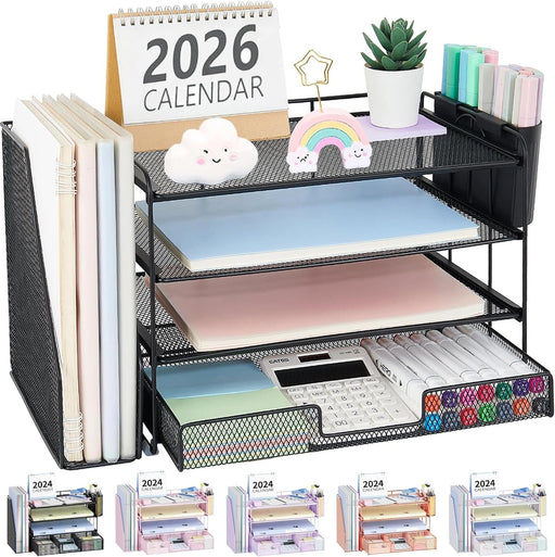 Desk Organizer, 4-Tier Desktop File Organizer with Drawer and Pen Holders, Office Desk Accessories, File Sorters, Worksp