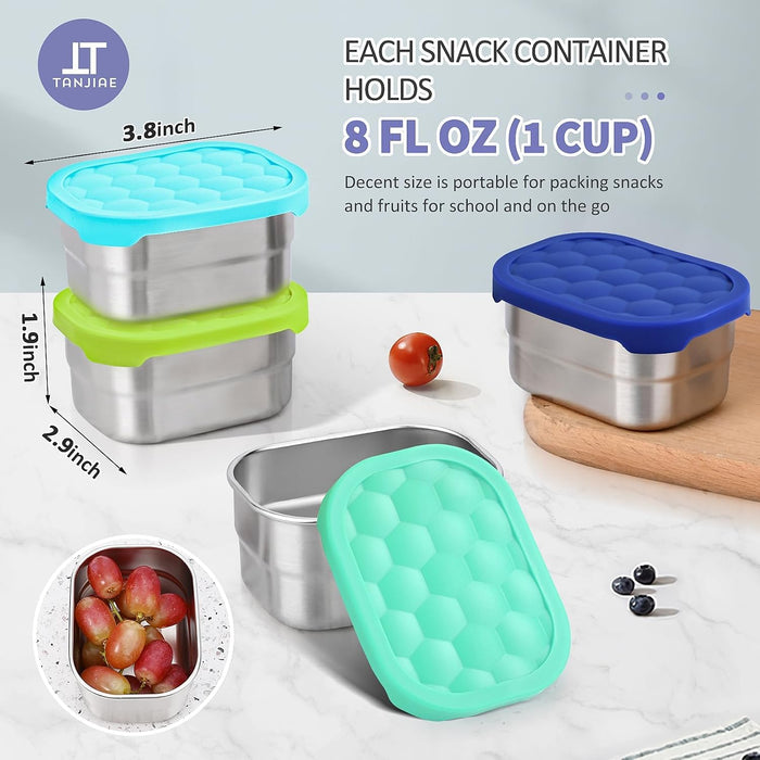 4Pack 8oz Small (1 CUP) Stainless Steel Snack Containers for Kids | Reusable Easy Open Toddler Snack Containers with Sil
