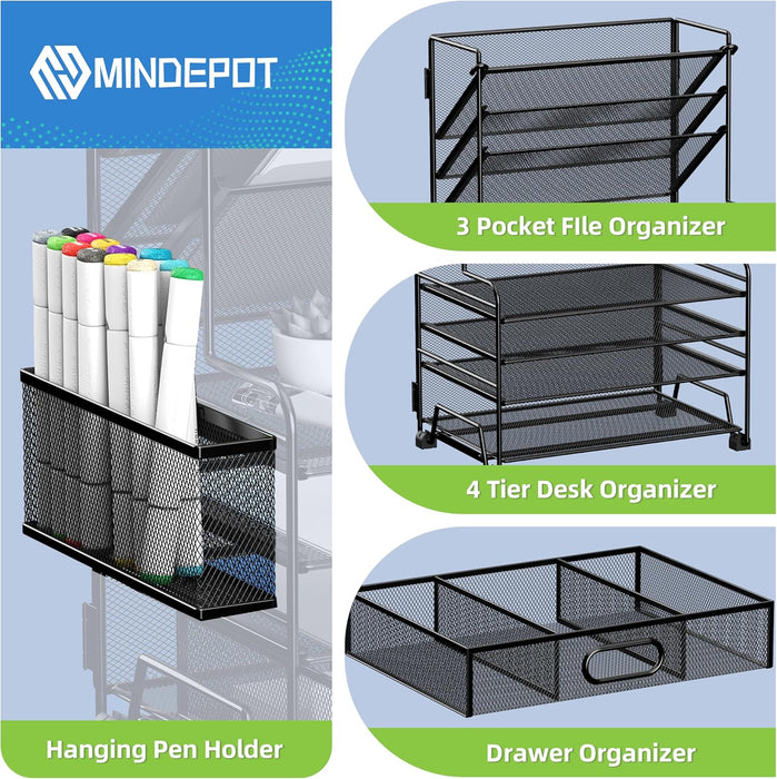 4-Tier Paper Organizer + 3-Pocket File Holder + Drawer + Pen Holders, Desktop File Organizers Paper Tray for Office Acce