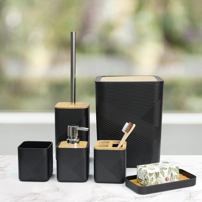 Bamboo Bathroom Accessories Set 6 Piece Square Spiral Set,Black
