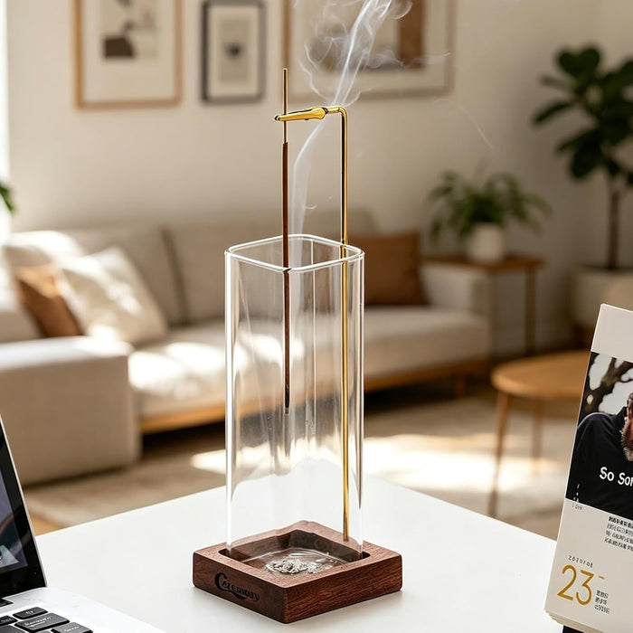 Incense Holder, Wooden Incense Burner with Glass Ash Catcher (Wooden Square)