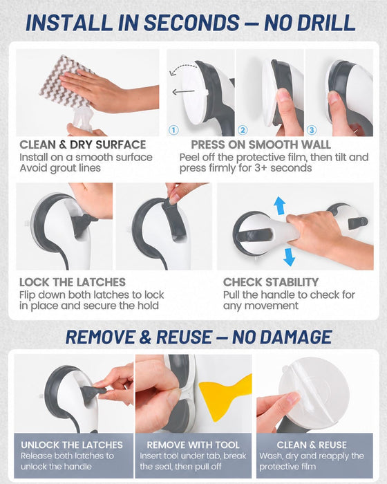 Suction Grab Bars for Shower, Gel-Enhanced Shower Handles for Seniors, Grey