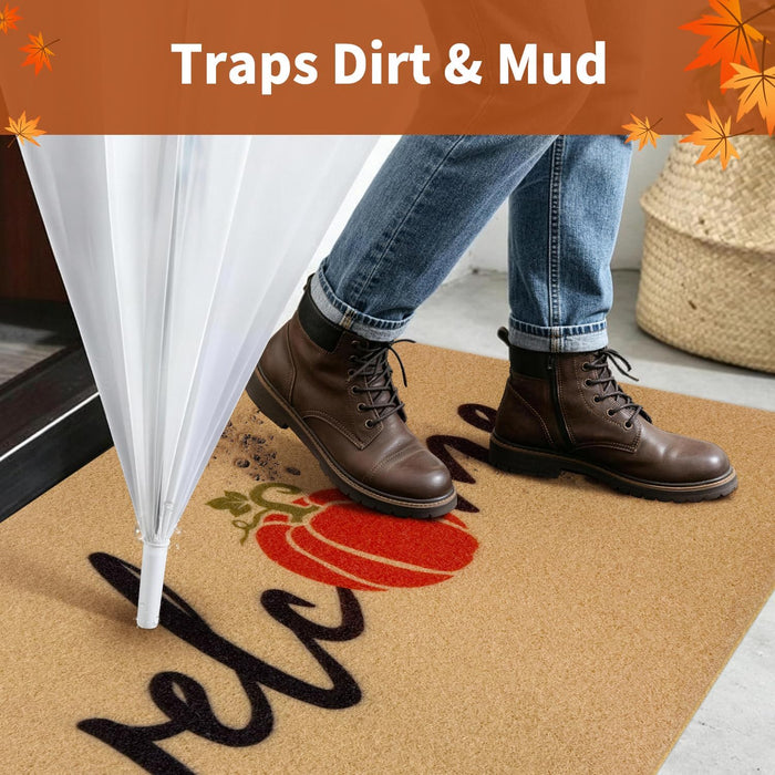 Fall Door Mat, Non Slip Front Porch Pumpkin Welcome Mat 17"x30"