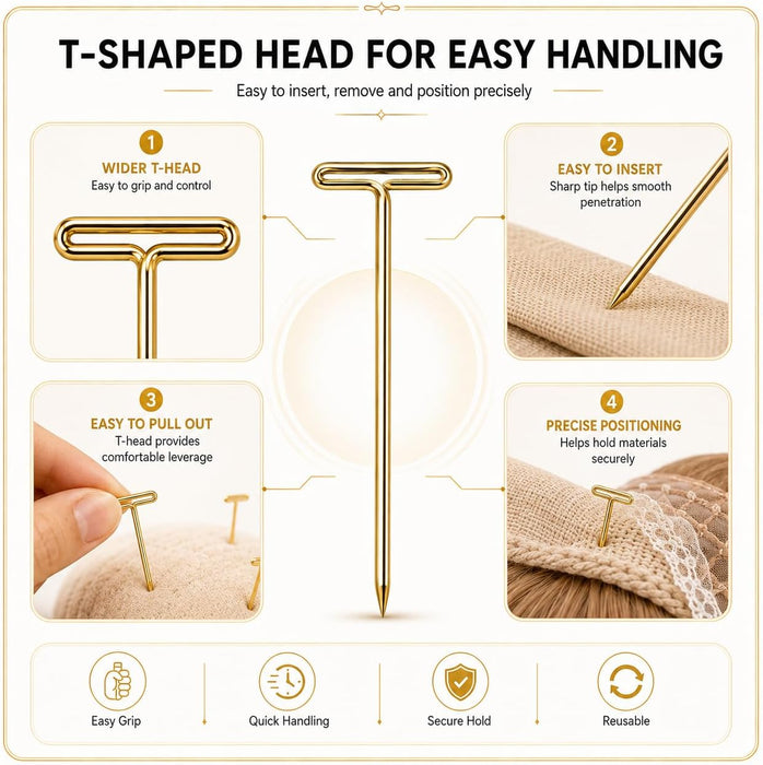 150PCS 1.5 Inch Gold Stainless Steel T-Pins for Wig Styling & Sewing