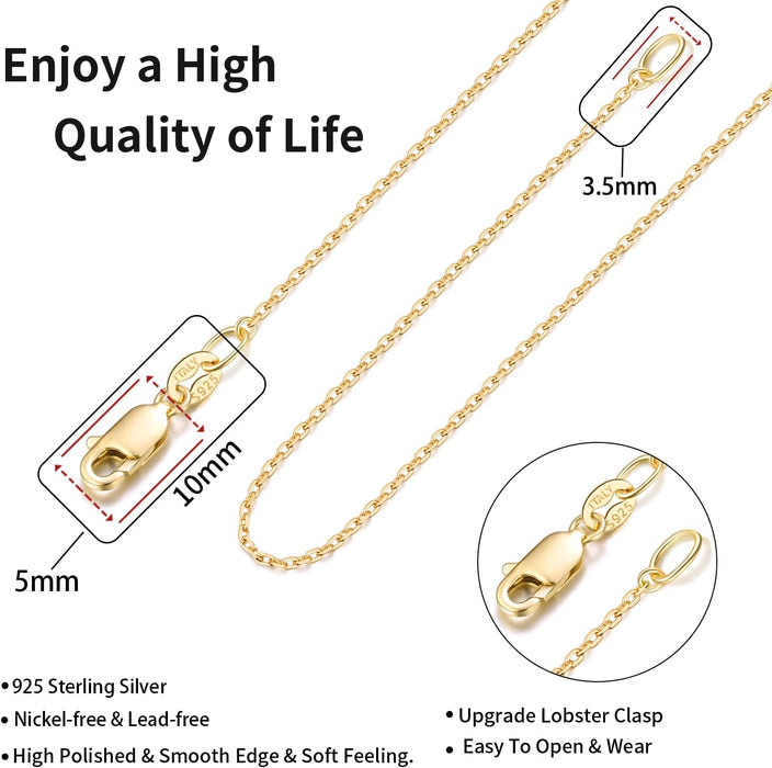 18k Gold Plated 925 Sterling Silver Chain Necklace for Women, 1.1mm Cable Chains Necklace Thin & Dainty & Sturdy Women's Chain Necklaces, 14/16/17/18/20/22/24 Inches
