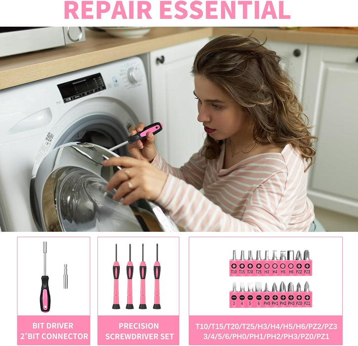 39-Piece Household Tool Set, Pink Tool Kit for Women with Toolbox