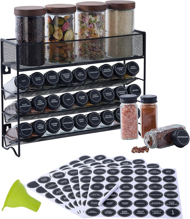 Spice Rack Organizer with 27 Spice Jars with Black Lids