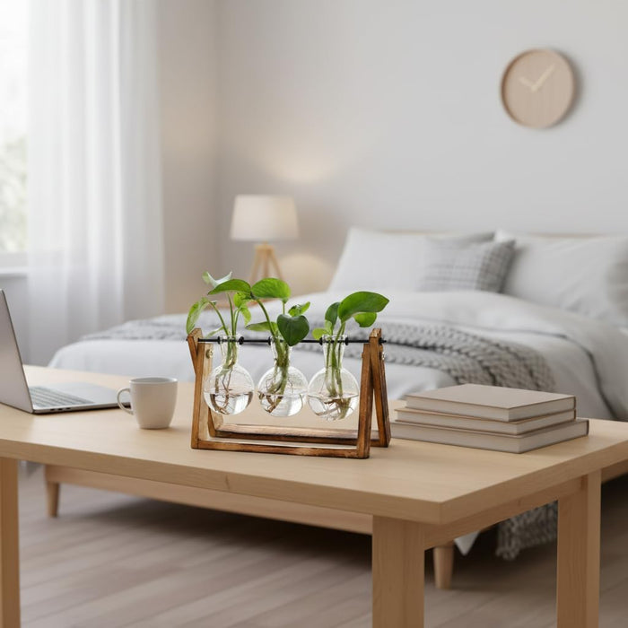 Plant Terrarium with Wooden Stand, Air Planter Bulb Glass Vase Metal Swivel Holder Retro Tabletop for Hydroponics Home G