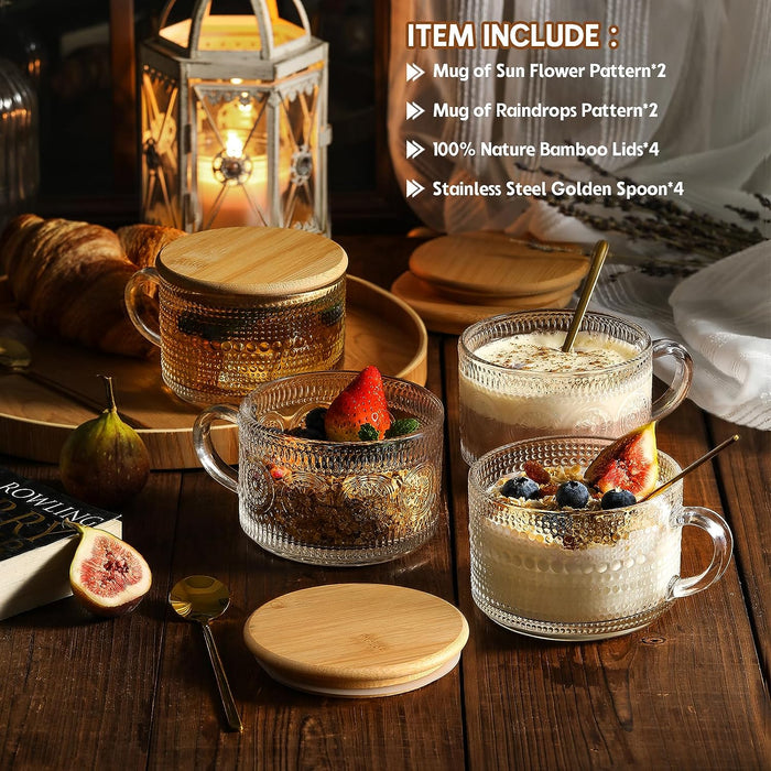 4pcs Set Vintage Coffee Mugs gifts for women, Overnight Oats Containers with Bamboo Lids and Spoons - 14oz Clear Embosse