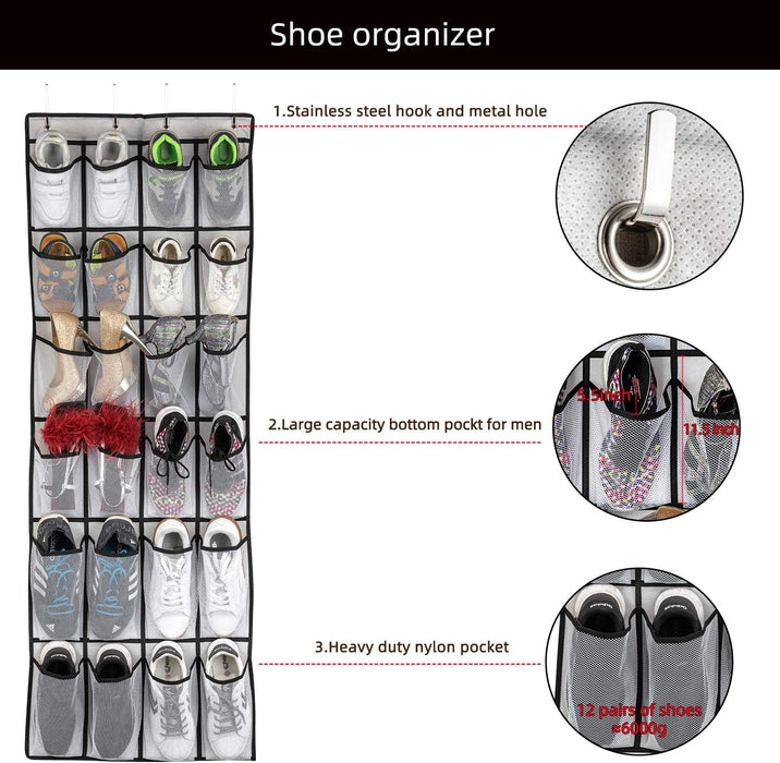 Over the Door Shoe Organizer, Hanging Shoe Organizer with 24 Mesh Large Pockets Door Shoe Rack Organizer for Men Women K