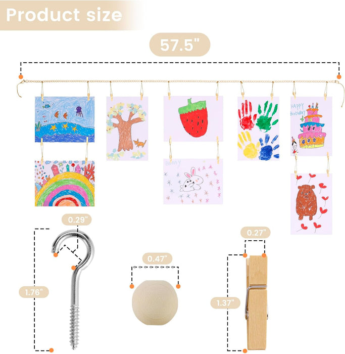 Kids Art Display Wall Decor, Wood Beads Garland with 34 Clips