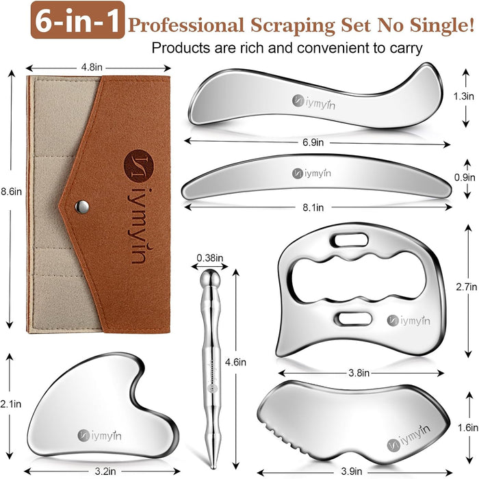 6-in-1 304 Stainless Steel Muscle & Fascia Scraper Tool Set, for Body Skin Massage and Sore Muscles, Myofascial, Iastm Tools, Soft Tissue Mobilization Tools, Full Body Gua Sha Kit, Gift-for Her