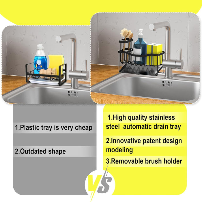 Maifan Sink Caddy Sponge Holder for Kitchen with Brush Holder and Stainless Steel Self Drain Tray, Rustproof Kitchen Sin