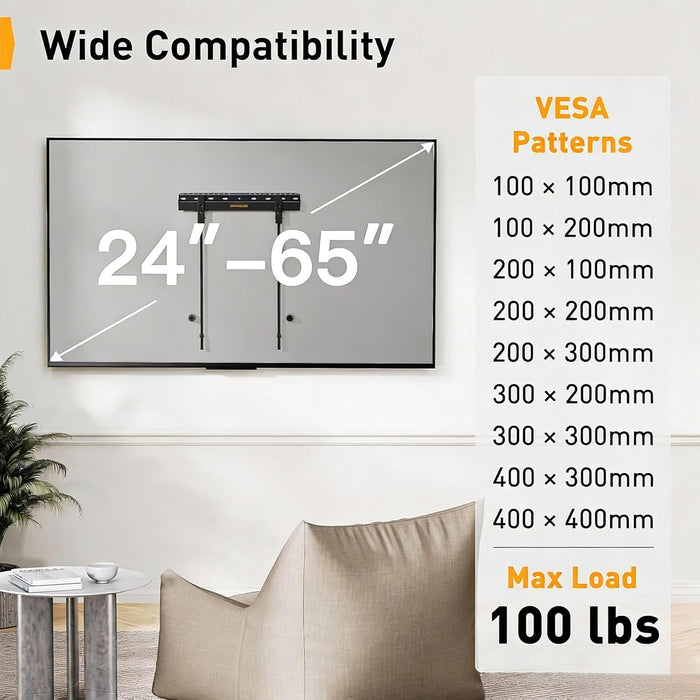 No Drill TV Wall Mount for Most 24-65 Inch TVs up to 100 lbs