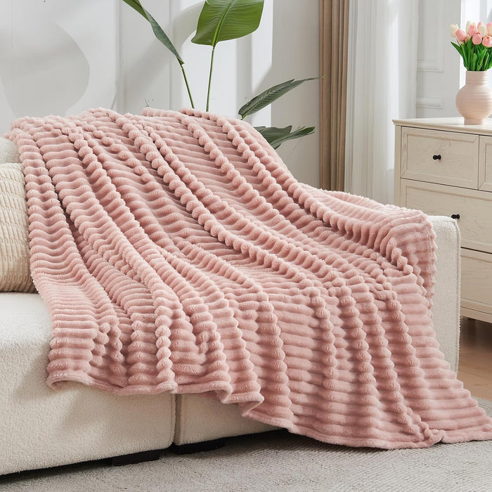 Fleece Ribbed Cozy Throw Blanket for Couch, Pink, 50"x60"